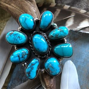 Sterling and natural turquoise cluster ring adjustable